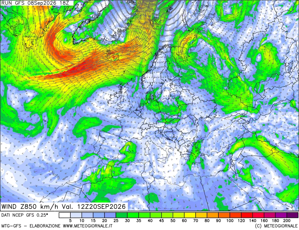 mappa 850 hPa Vento forza e direzione