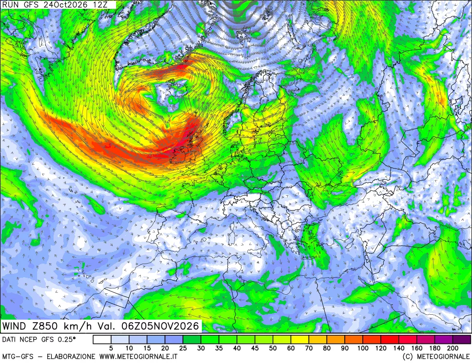 mappa 850 hPa Vento forza e direzione