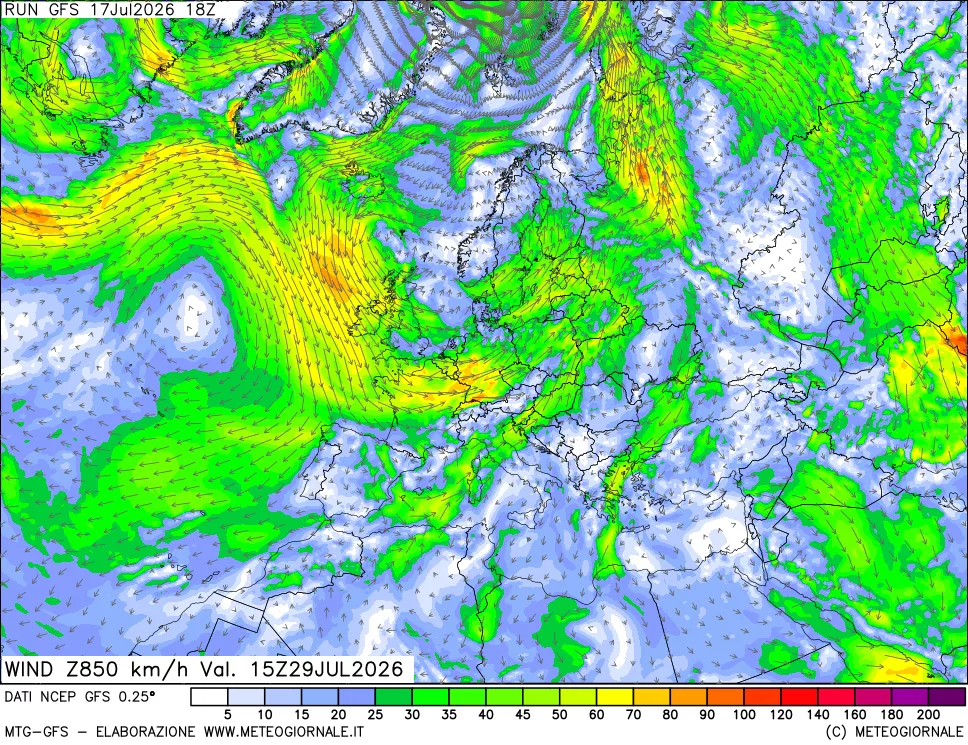 mappa 850 hPa Vento forza e direzione