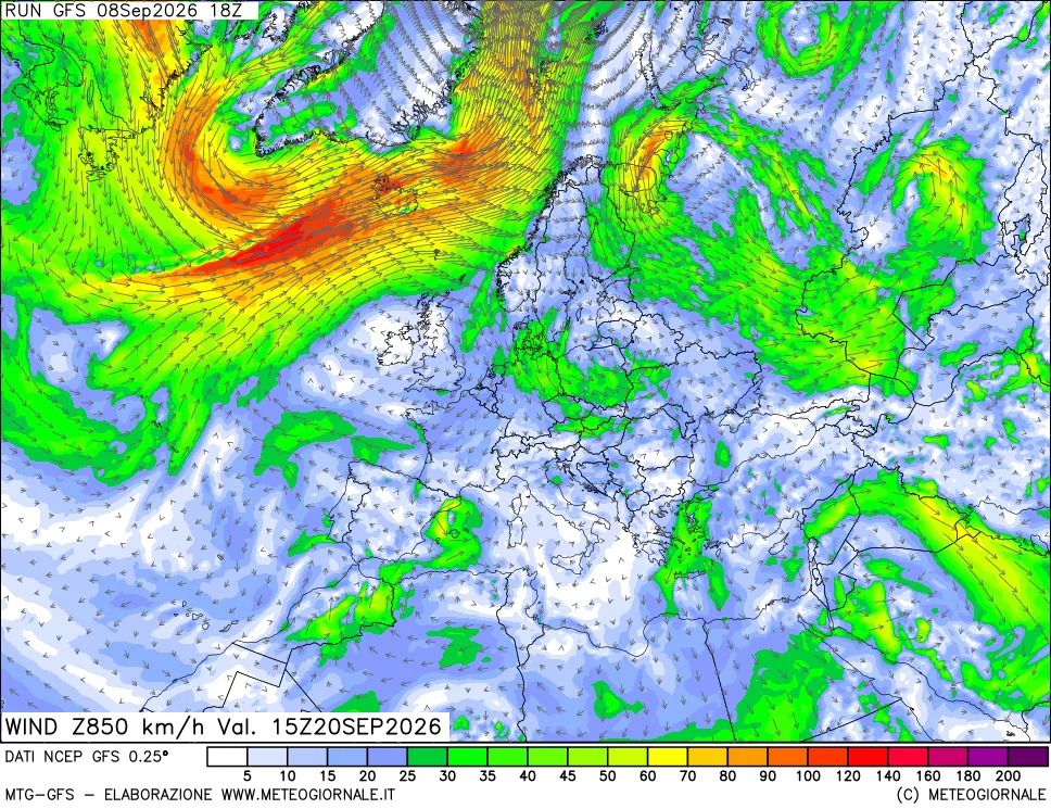 mappa 850 hPa Vento forza e direzione