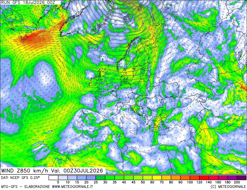 mappa 850 hPa Vento forza e direzione