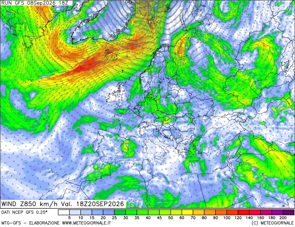 mappa 850 hPa Vento forza e direzione