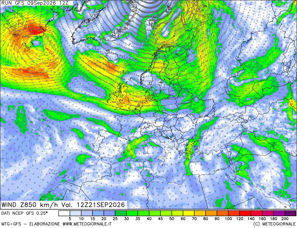 mappa 850 hPa Vento forza e direzione