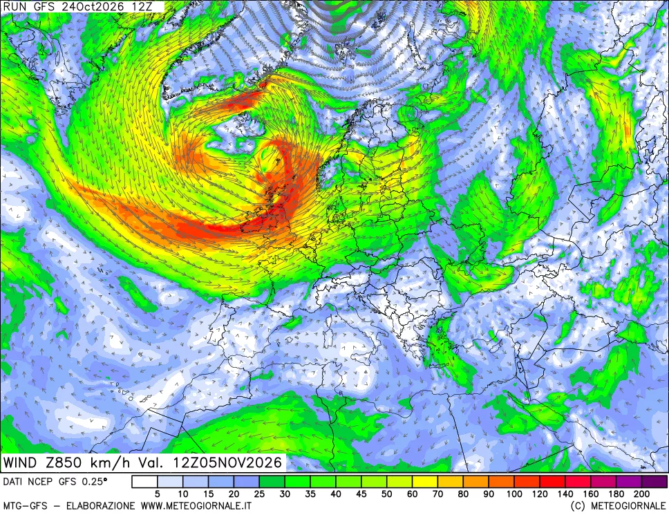 mappa 850 hPa Vento forza e direzione