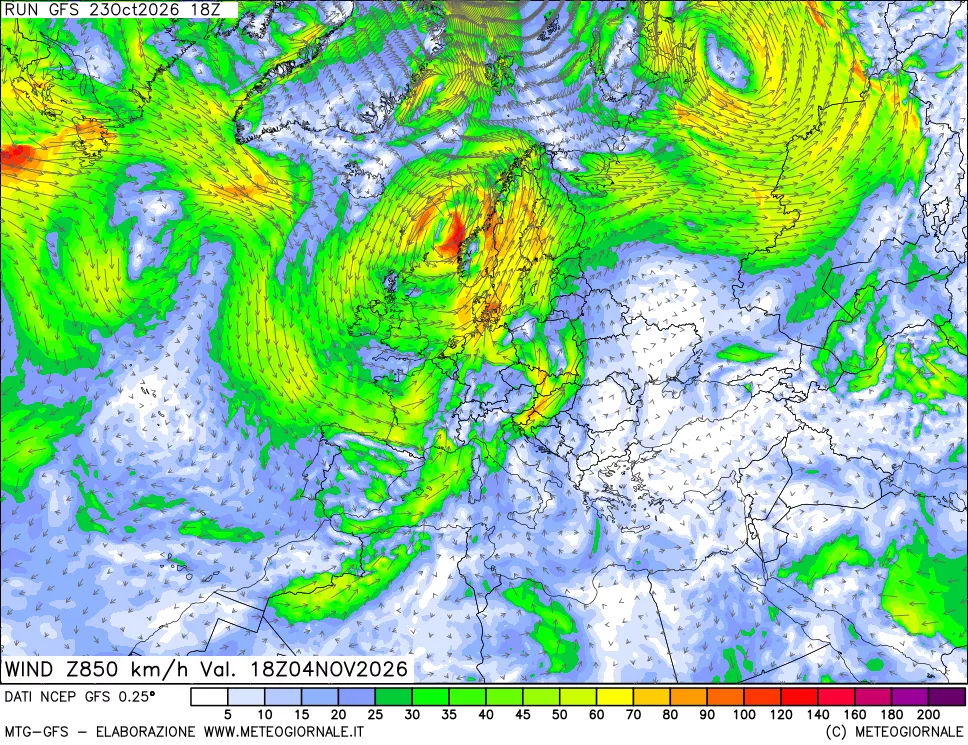 mappa 850 hPa Vento forza e direzione