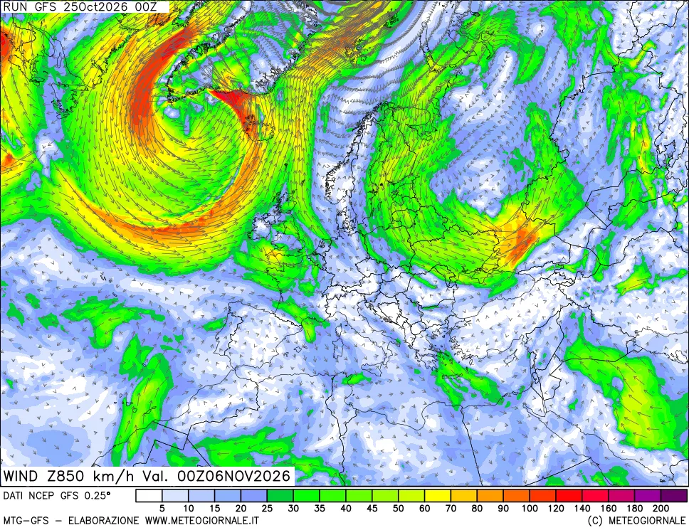 mappa 850 hPa Vento forza e direzione