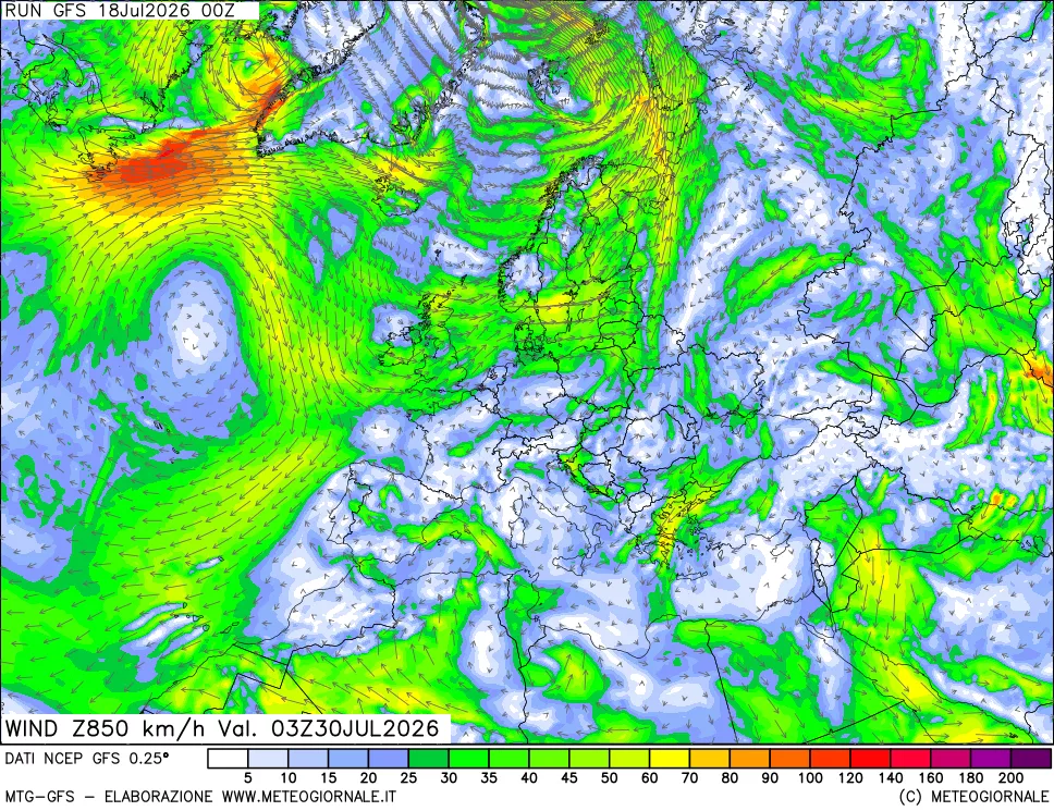 mappa 850 hPa Vento forza e direzione