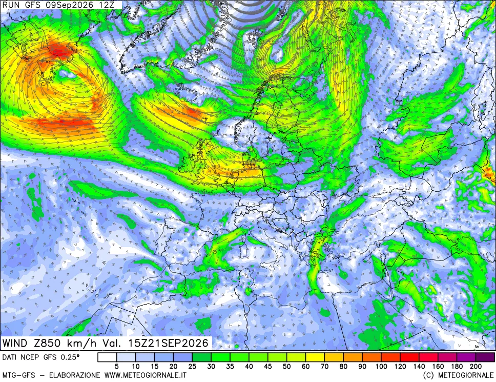 mappa 850 hPa Vento forza e direzione
