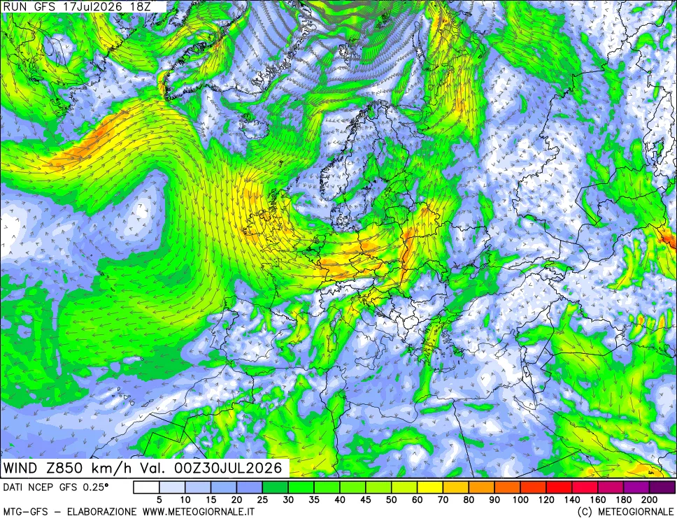 mappa 850 hPa Vento forza e direzione