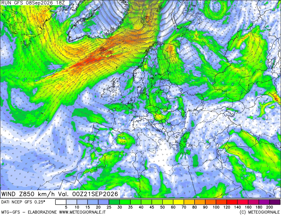 mappa 850 hPa Vento forza e direzione