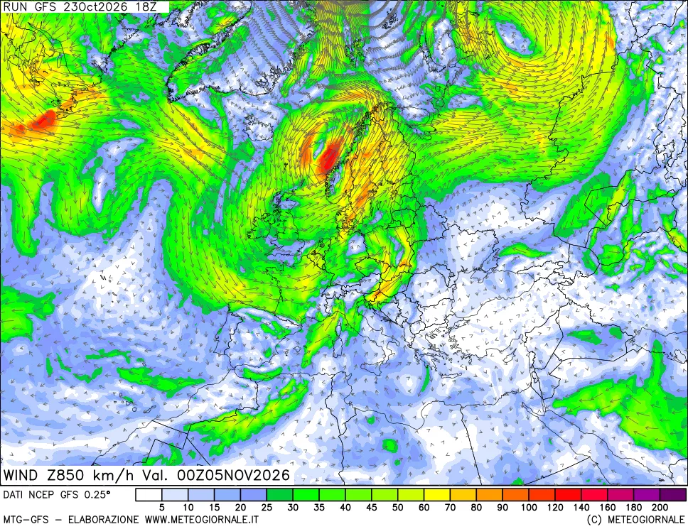 mappa 850 hPa Vento forza e direzione