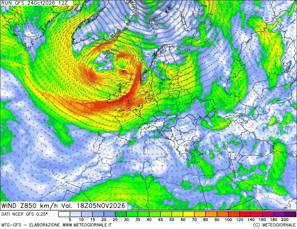 mappa 850 hPa Vento forza e direzione