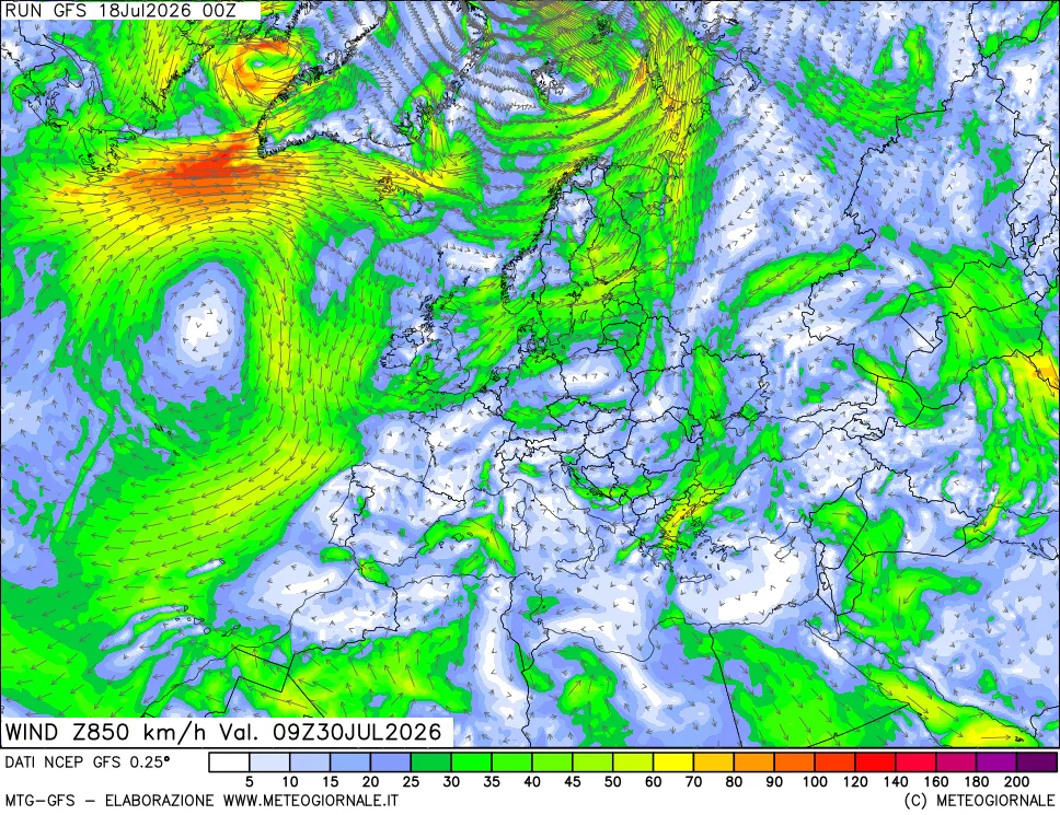 mappa 850 hPa Vento forza e direzione