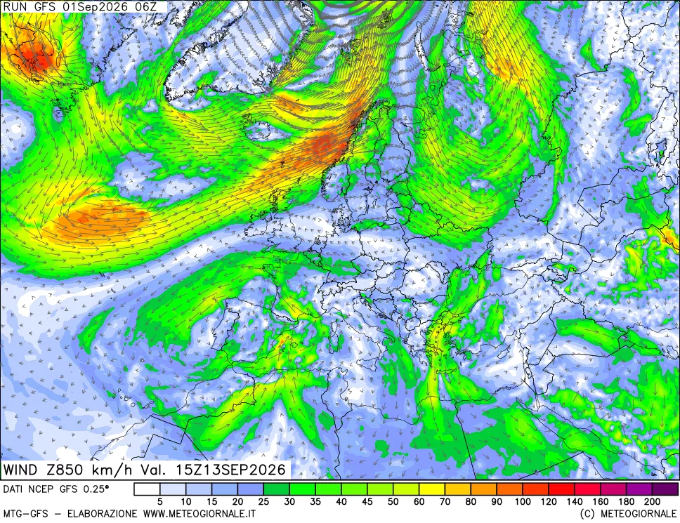 mappa 850 hPa Vento forza e direzione