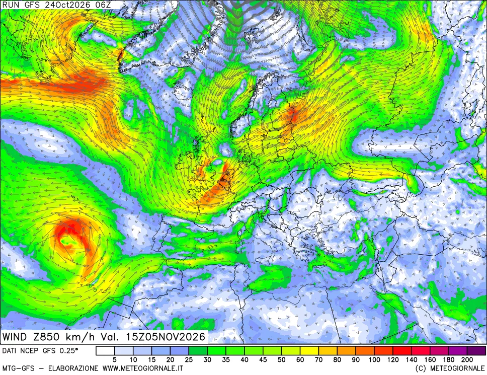 mappa 850 hPa Vento forza e direzione