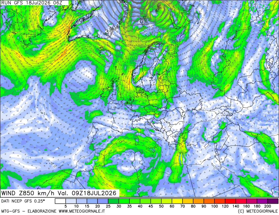 mappa 850 hPa Vento forza e direzione