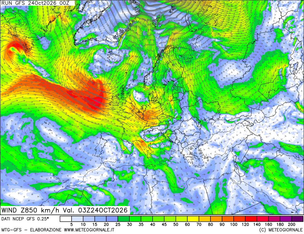 mappa 850 hPa Vento forza e direzione