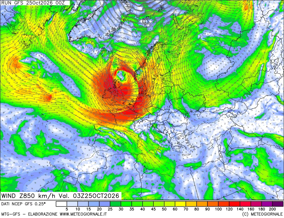 mappa 850 hPa Vento forza e direzione