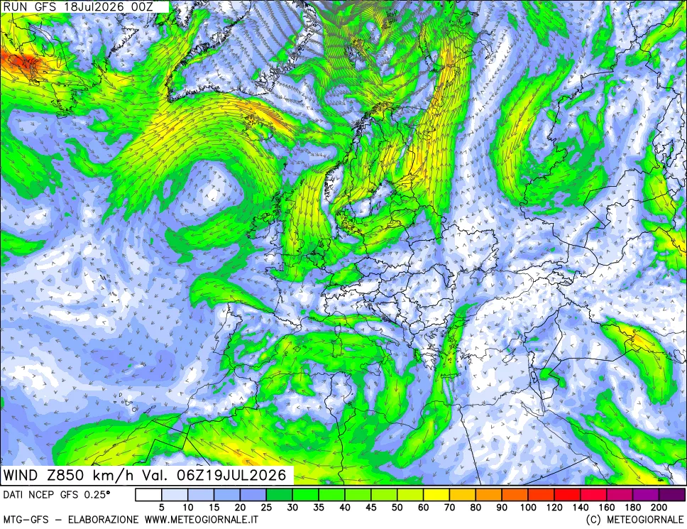 mappa 850 hPa Vento forza e direzione