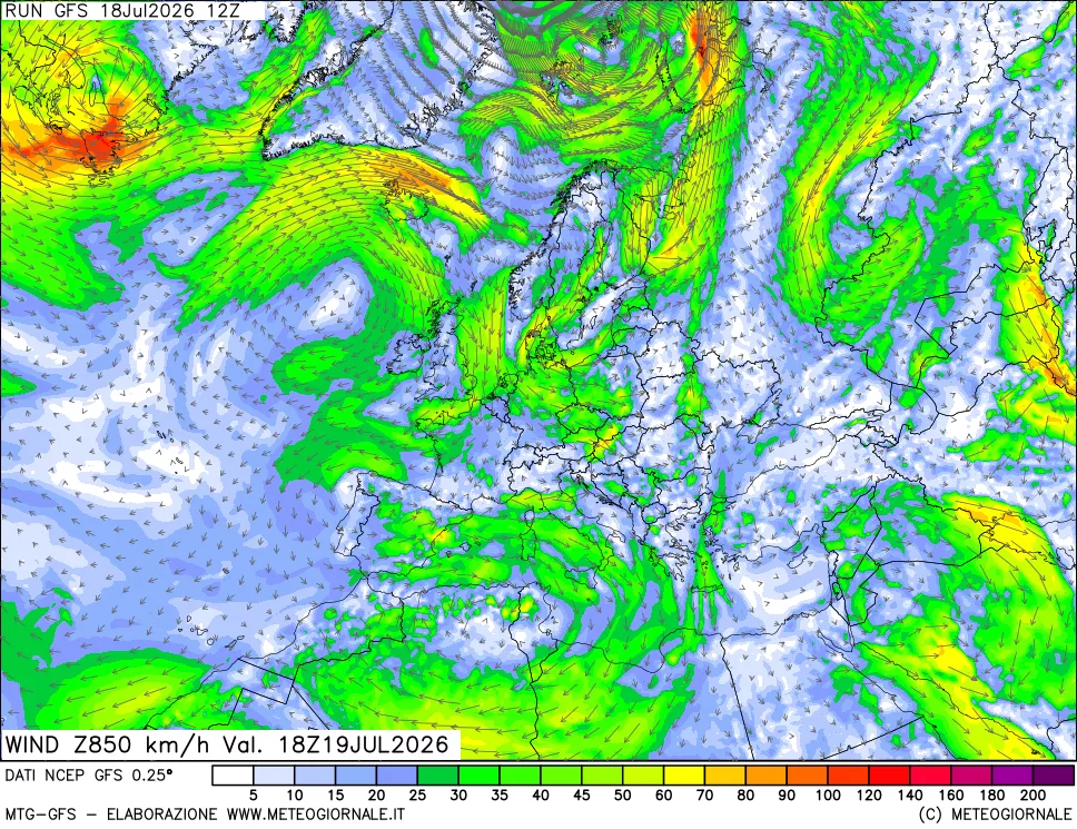 mappa 850 hPa Vento forza e direzione