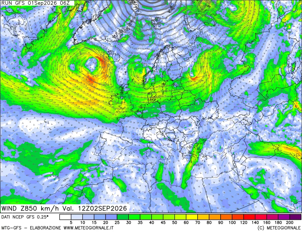 mappa 850 hPa Vento forza e direzione