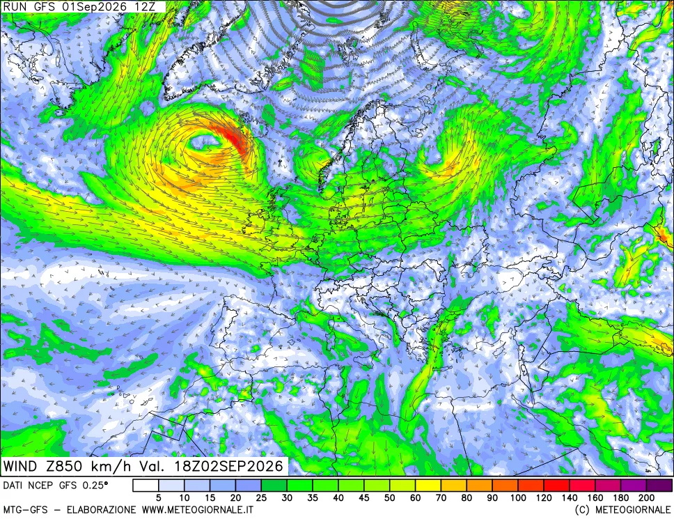 mappa 850 hPa Vento forza e direzione