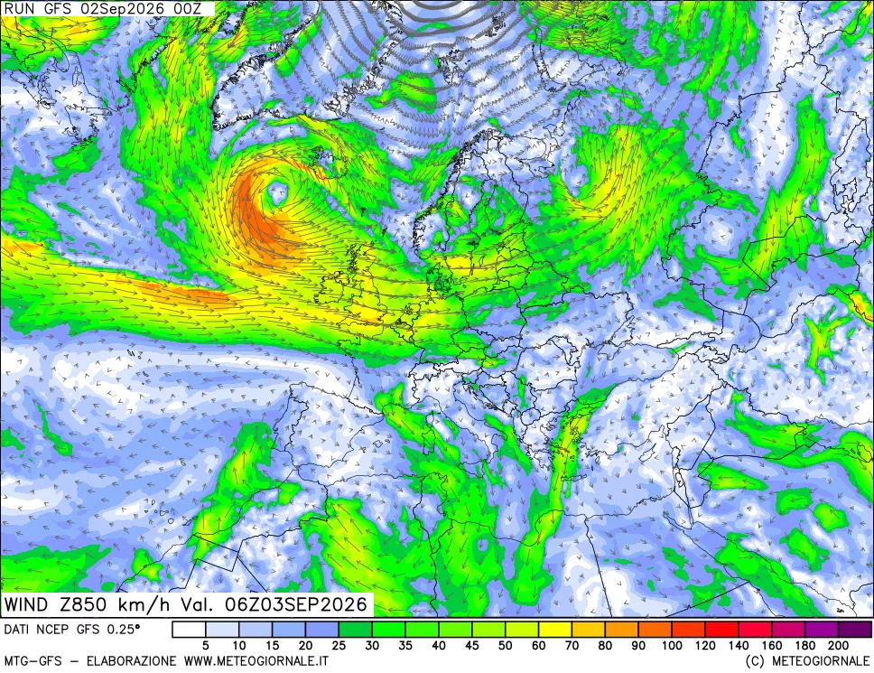 mappa 850 hPa Vento forza e direzione