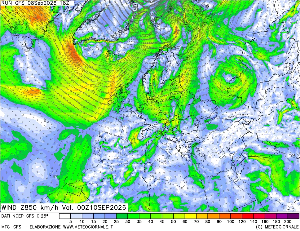 mappa 850 hPa Vento forza e direzione