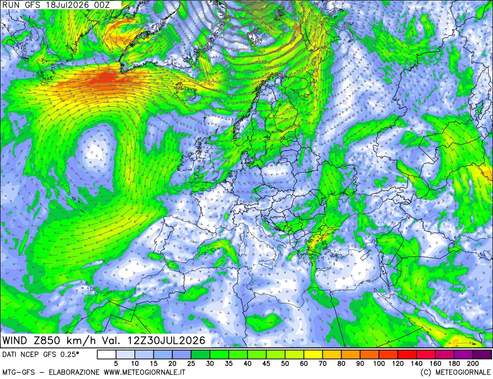 mappa 850 hPa Vento forza e direzione