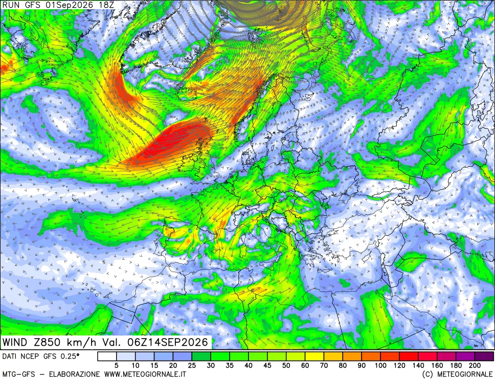 mappa 850 hPa Vento forza e direzione