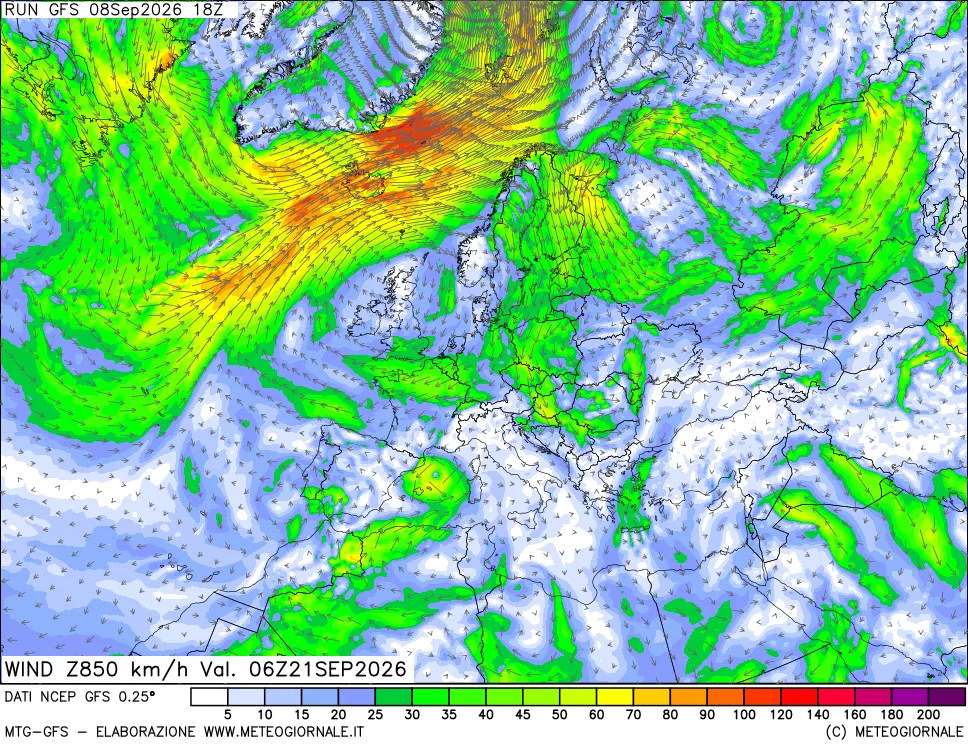 mappa 850 hPa Vento forza e direzione