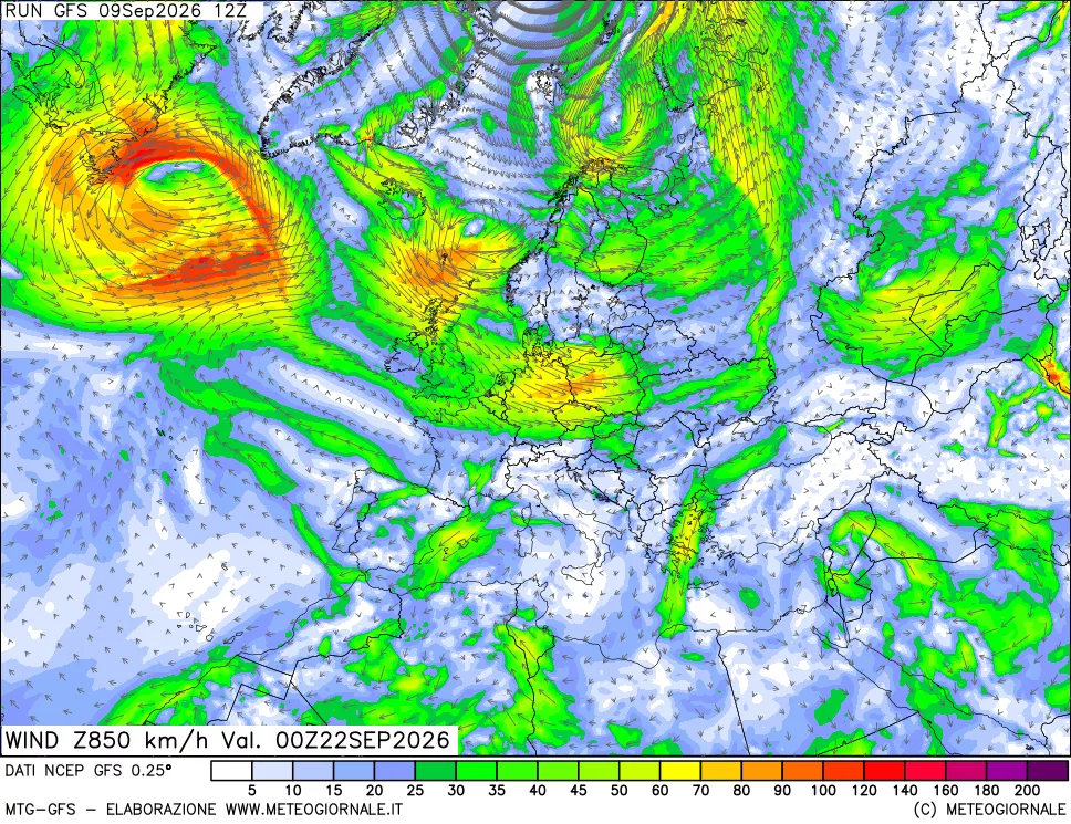 mappa 850 hPa Vento forza e direzione