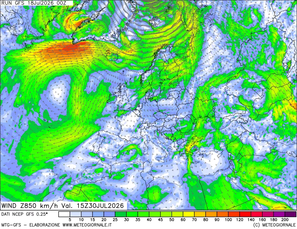 mappa 850 hPa Vento forza e direzione
