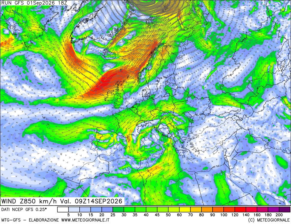 mappa 850 hPa Vento forza e direzione