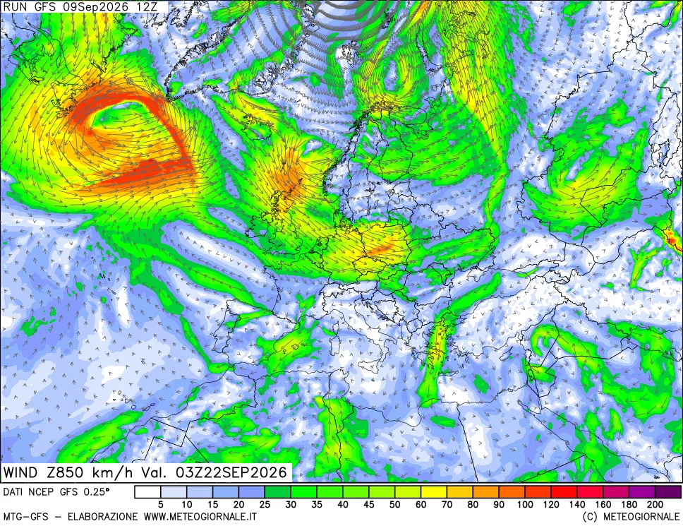 mappa 850 hPa Vento forza e direzione