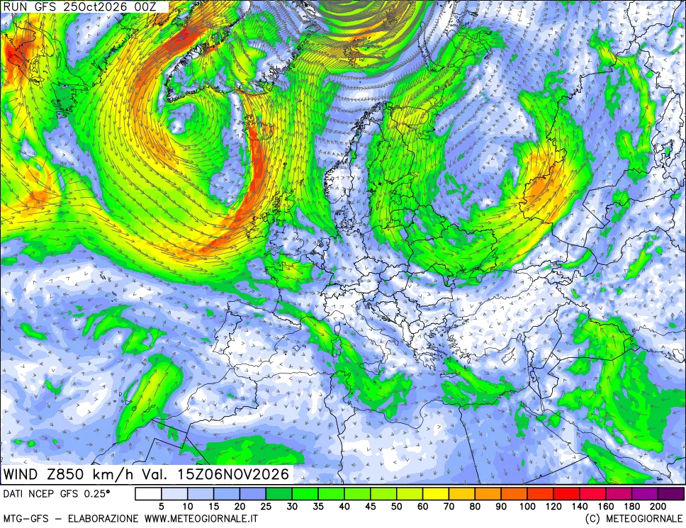 mappa 850 hPa Vento forza e direzione