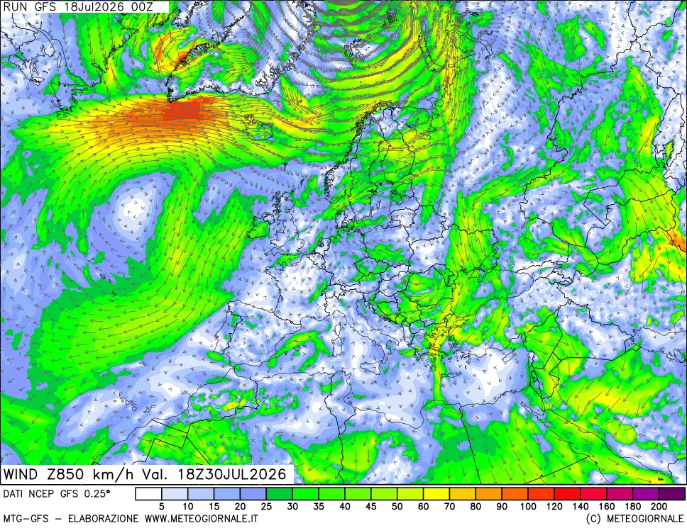 mappa 850 hPa Vento forza e direzione