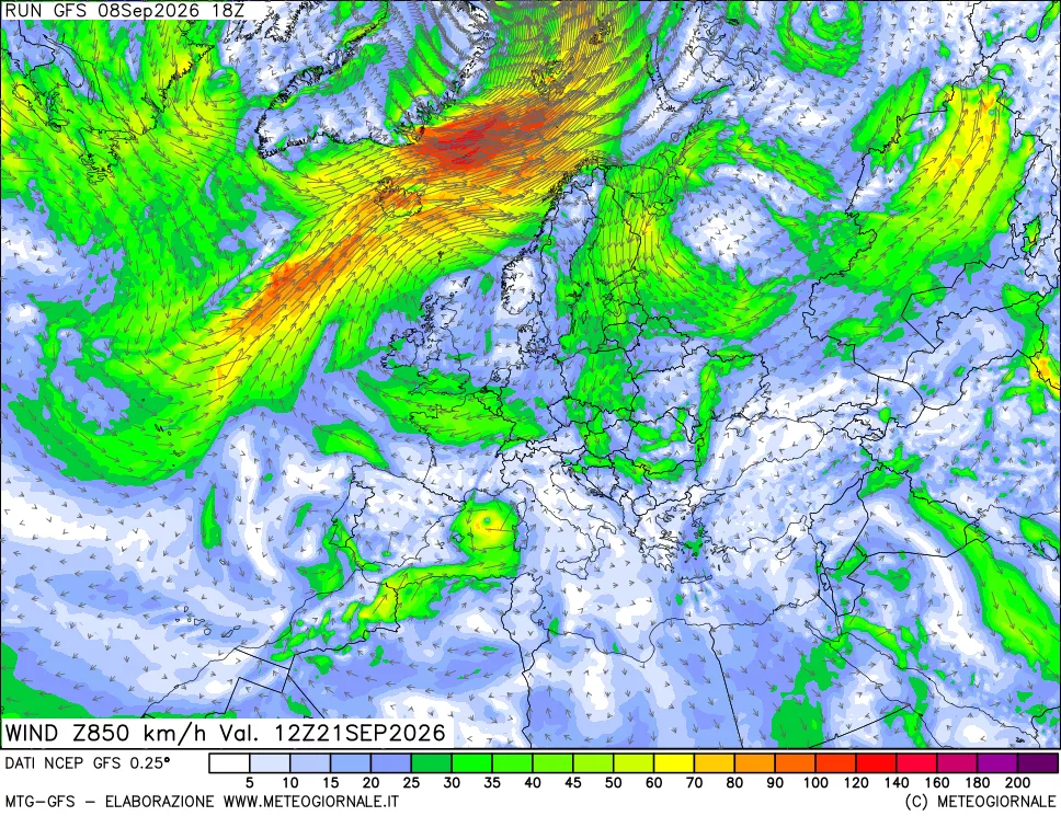 mappa 850 hPa Vento forza e direzione