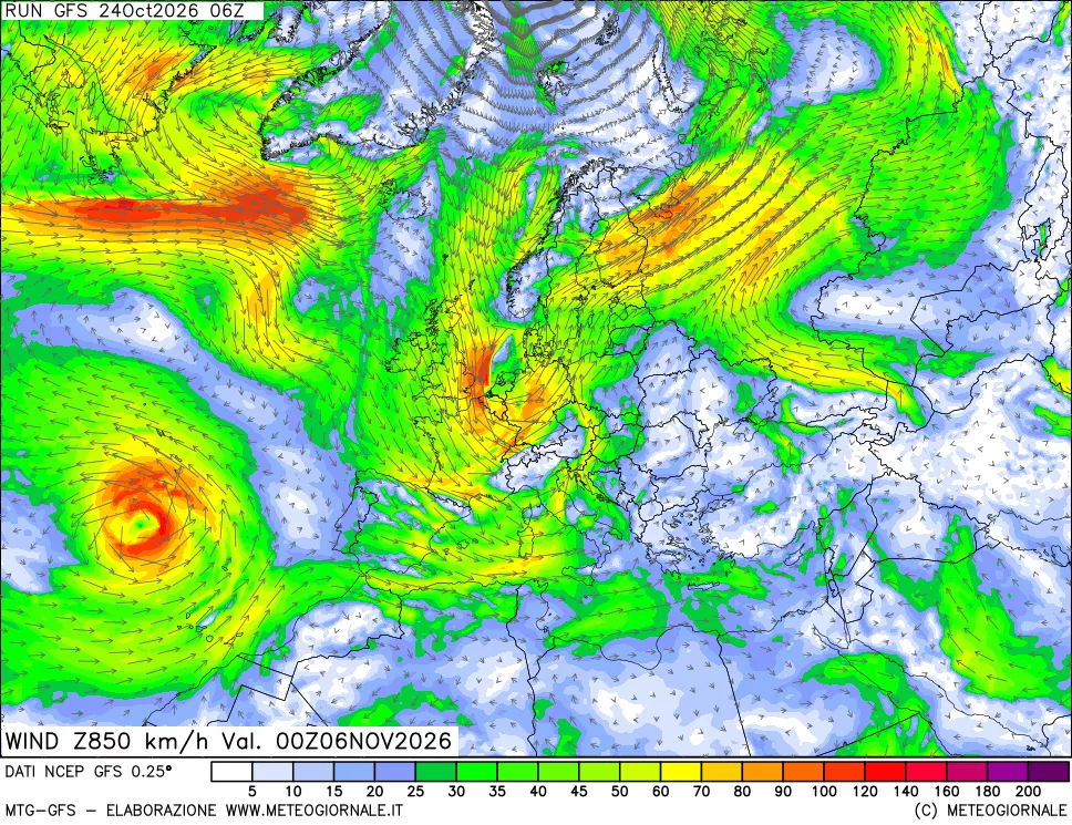 mappa 850 hPa Vento forza e direzione