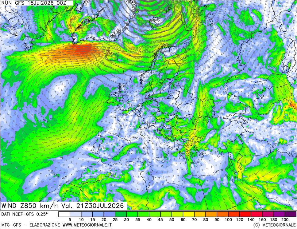 mappa 850 hPa Vento forza e direzione