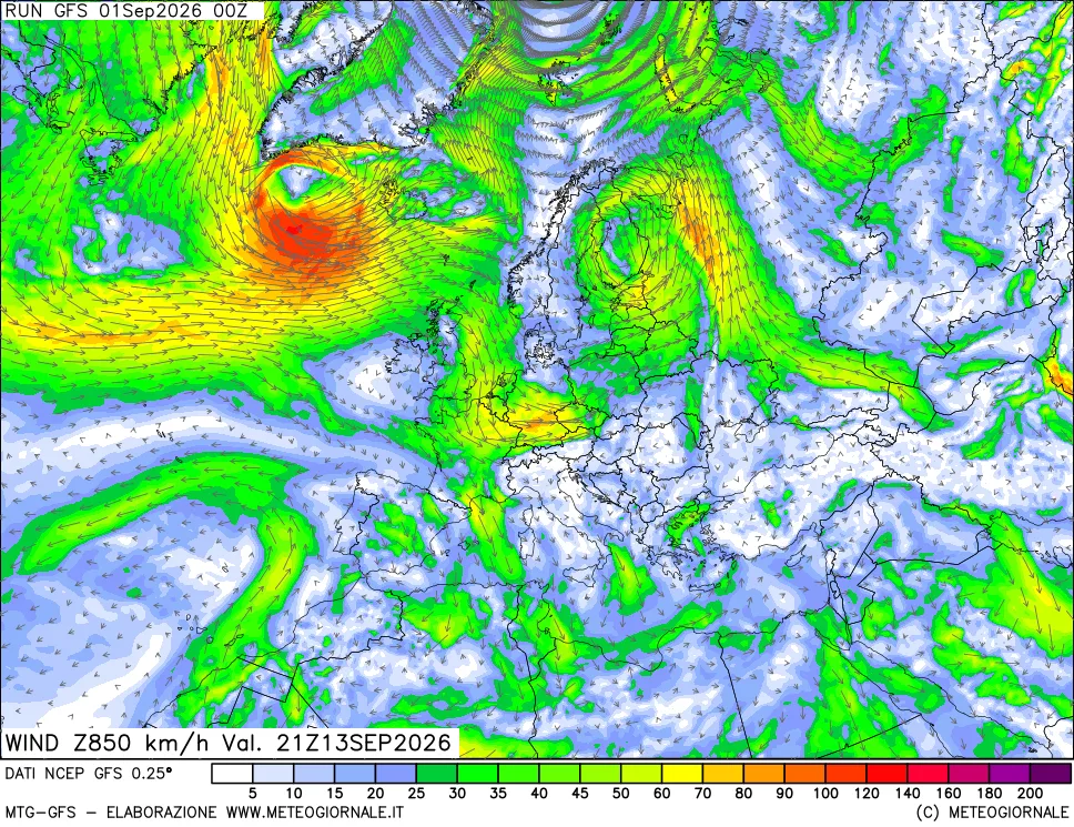 mappa 850 hPa Vento forza e direzione