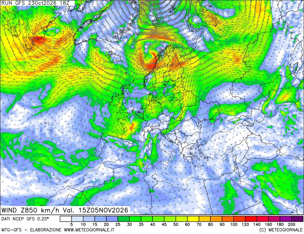 mappa 850 hPa Vento forza e direzione