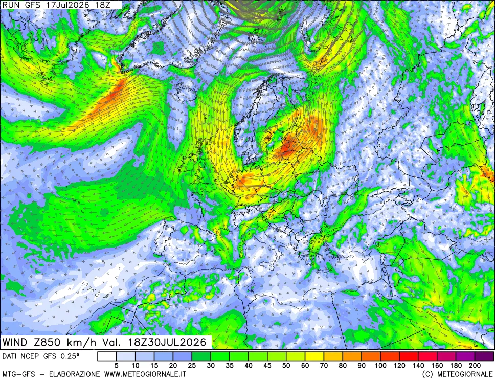 mappa 850 hPa Vento forza e direzione