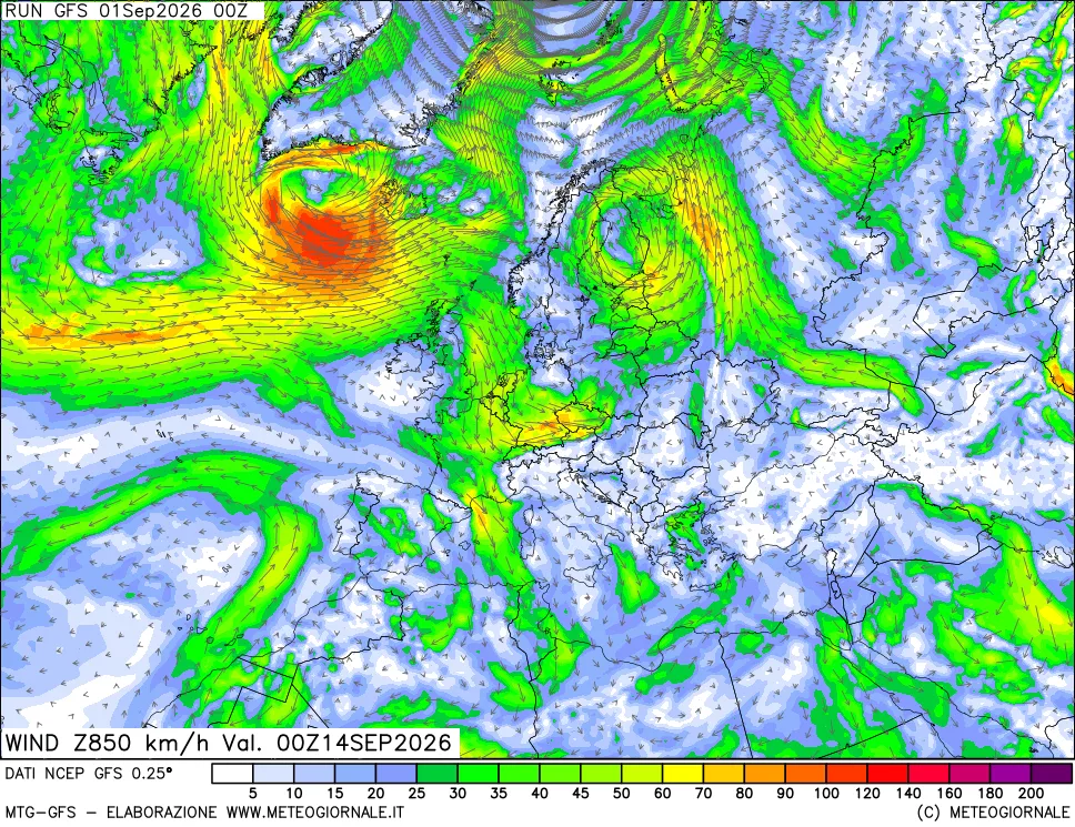 mappa 850 hPa Vento forza e direzione