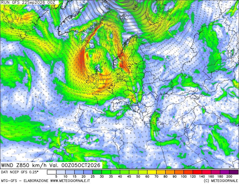 mappa 850 hPa Vento forza e direzione