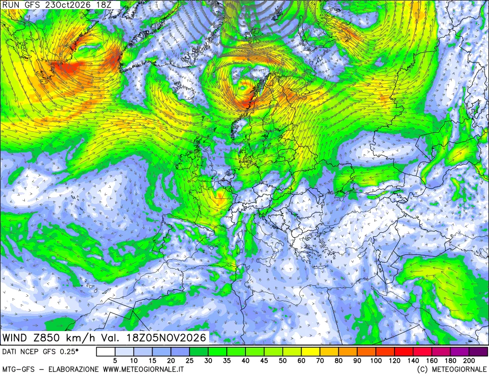 mappa 850 hPa Vento forza e direzione
