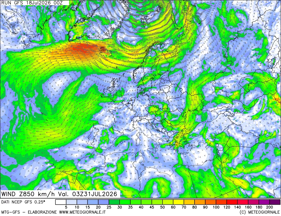 mappa 850 hPa Vento forza e direzione