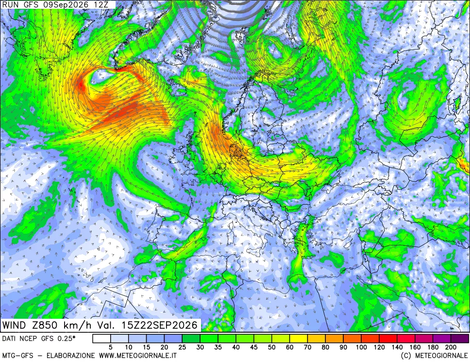 mappa 850 hPa Vento forza e direzione