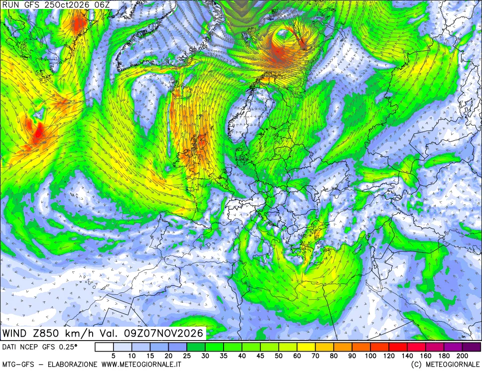 mappa 850 hPa Vento forza e direzione