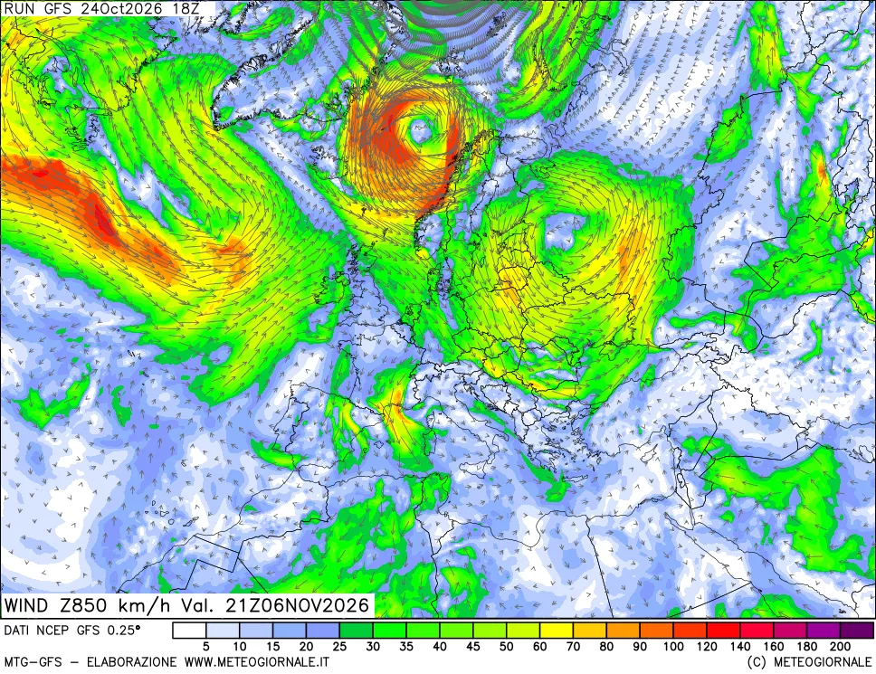 mappa 850 hPa Vento forza e direzione